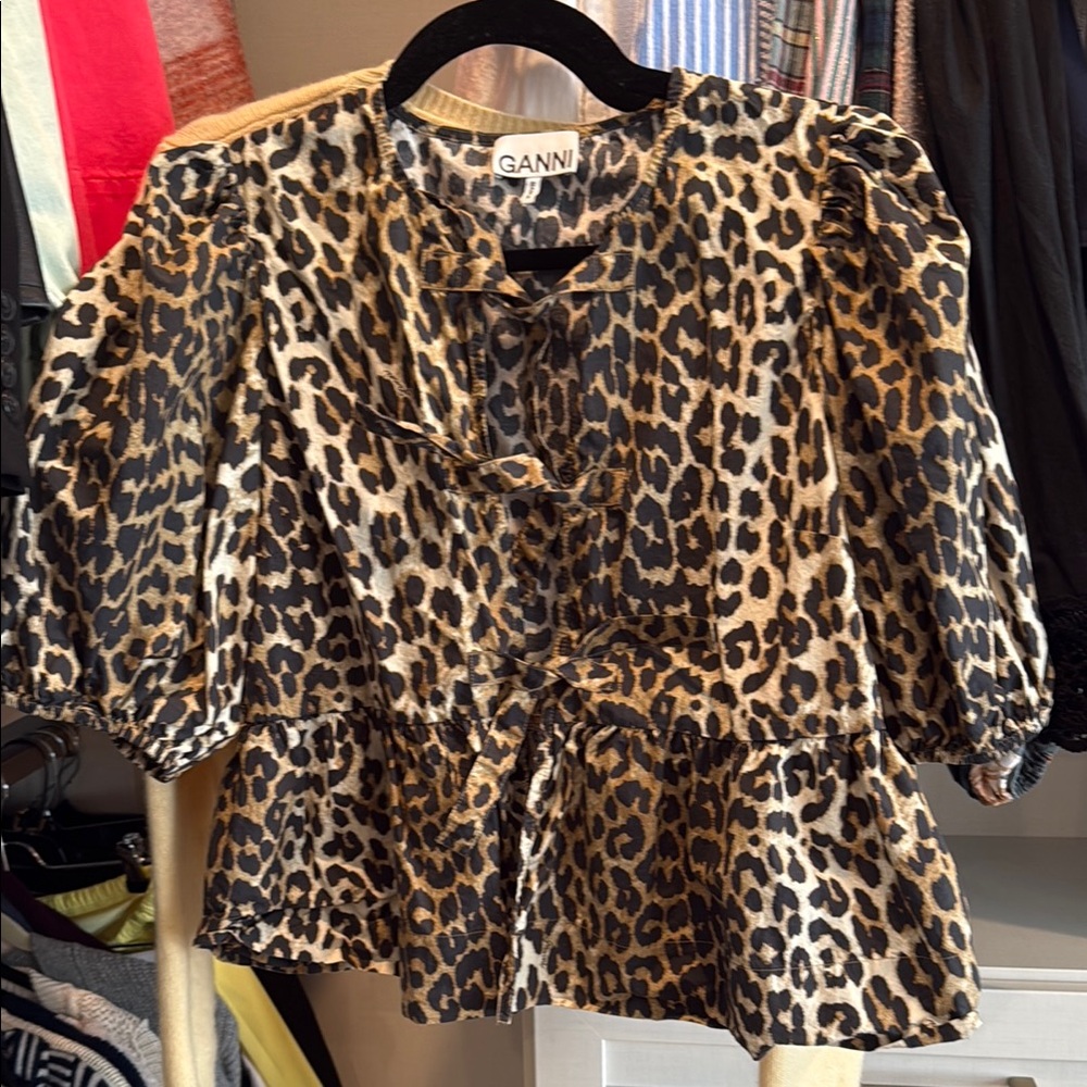 Ganni Animal Print Tie-Front Top